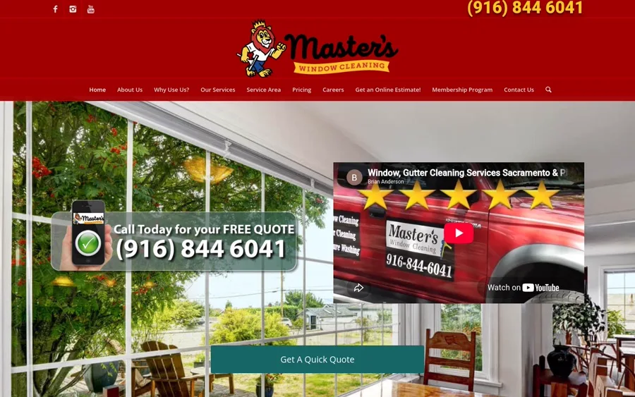 Master's Window and Gutter Cleaning website homepage, Sacramento window and gutter cleaning company