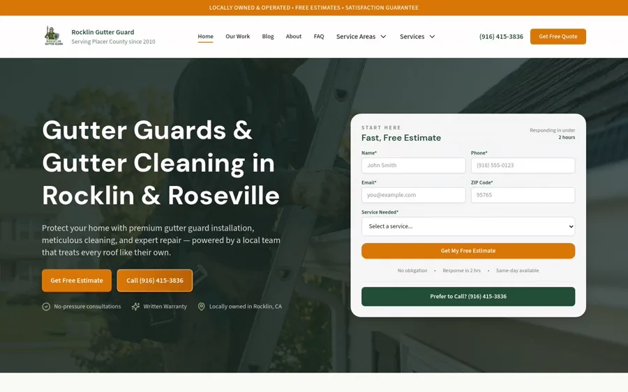 Rocklin Gutter Guard website homepage, gutter guard installation and cleaning company in Rocklin CA
